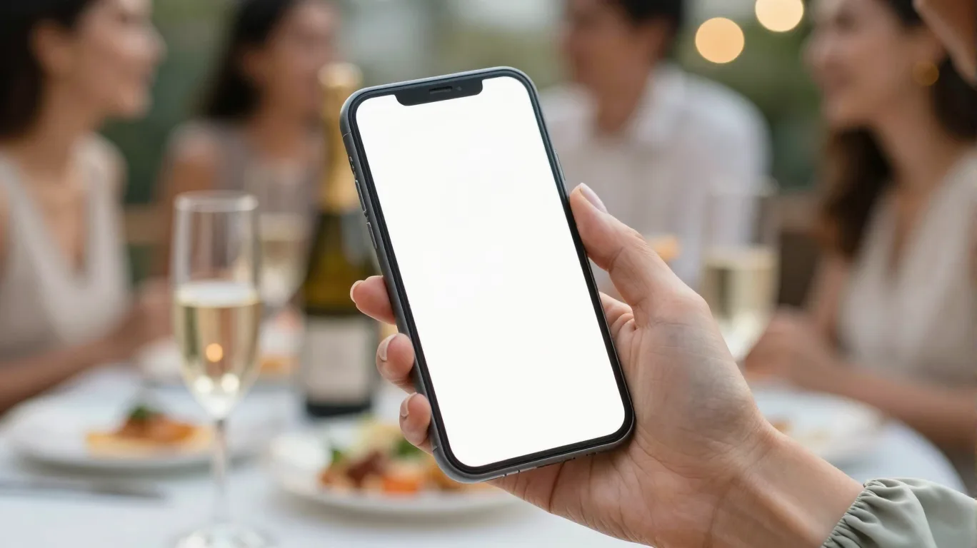 Vendég telefonja a crowdlens feltöltő oldalával egy esti vacsorán